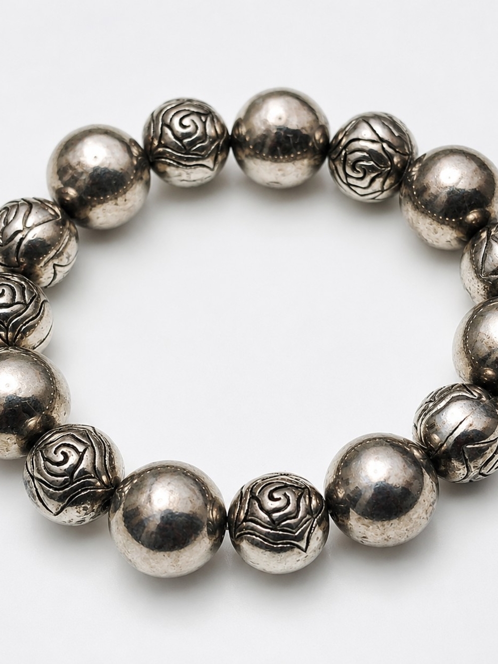 Silver Tone Stretch Beaded Bracelet Floral Embossed Ball Beads Artisan Boho
